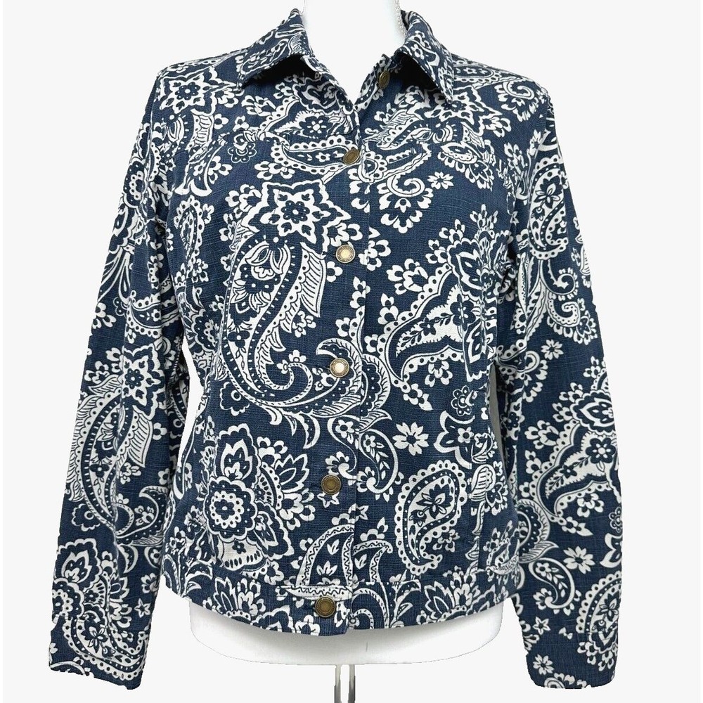 Charter Club Denim Blazer Jacket Womens Petite Small Lightweight Pockets Paisley